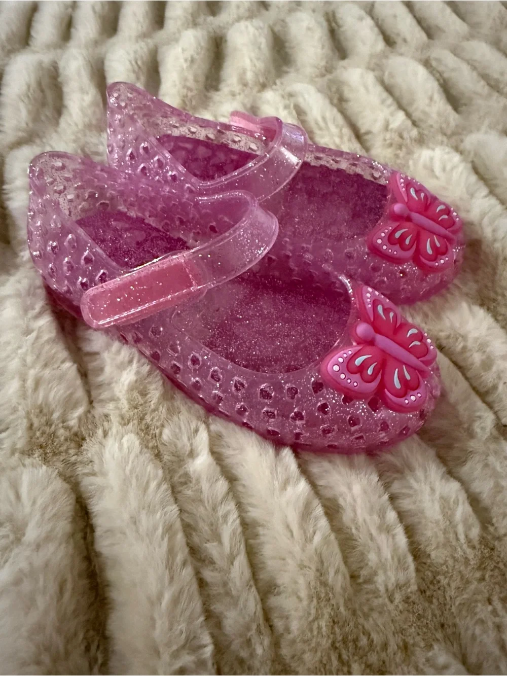 Pink Glitter Jelly Mary Jane Shoes for Kids with Butterfly Accent